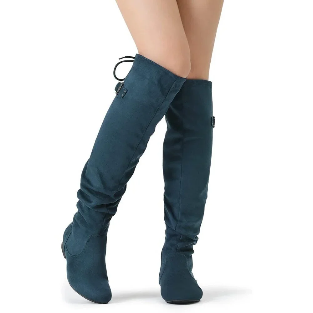 Women's Blue Suede Over The Knee Thigh High Winter Low Heel Western Boots